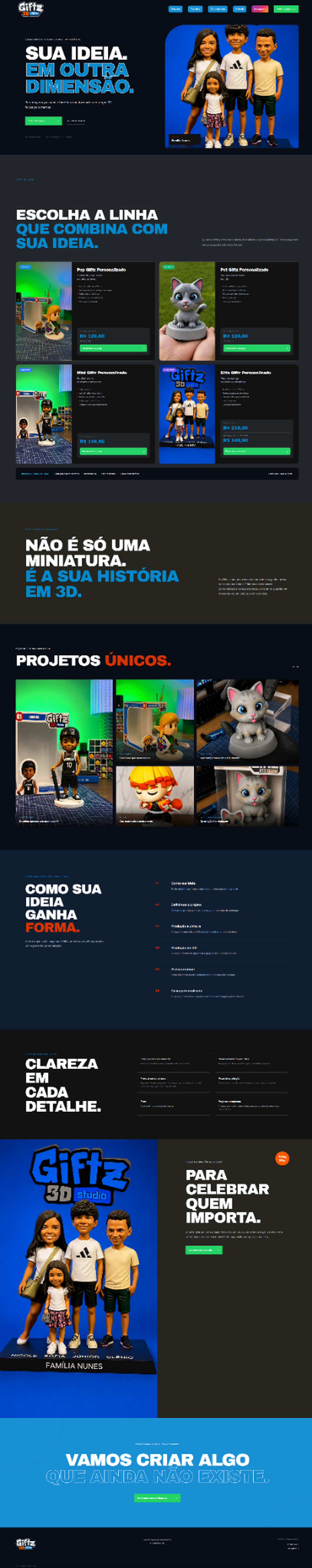 Site da Giftz 3D Studio com colecionáveis personalizados e catálogo de produtos